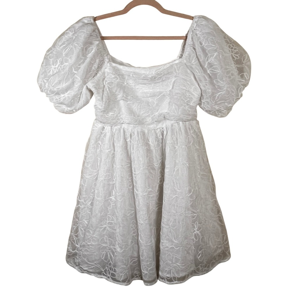 White Floral Organza Puff Sleeve Babydoll Mini Dress S Square Neck Fairy Whimsy